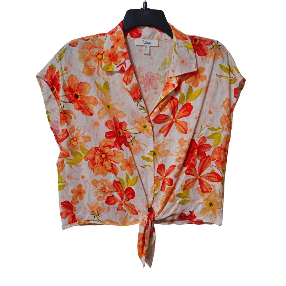 C by one Floral Linen Blend Button Down Front Tie Top Orange Yellow White S